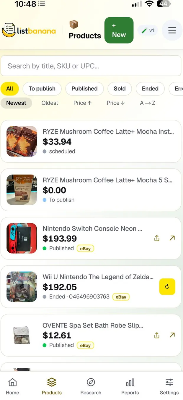 Real app screen: the Products list with its status filters and the eBay and Facebook labels