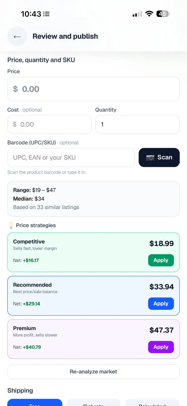Real app screen: market price analysis with the Competitive, Recommended and Premium strategies