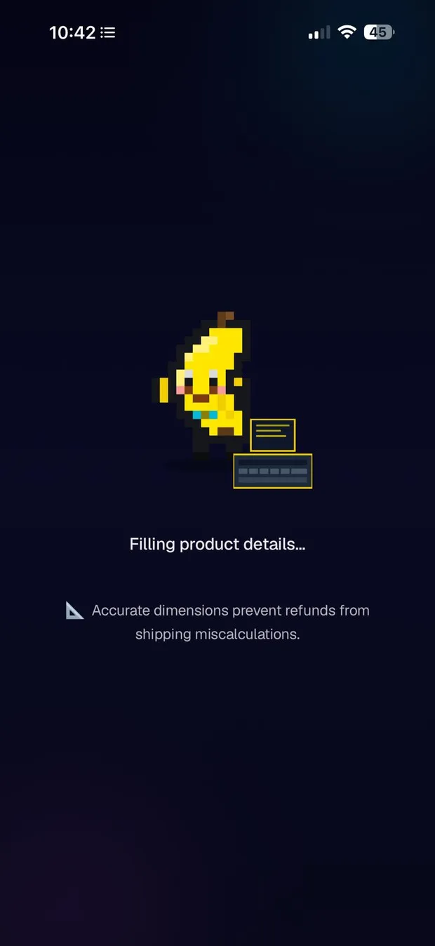 Real app screen: AI generating the full listing with the product details
